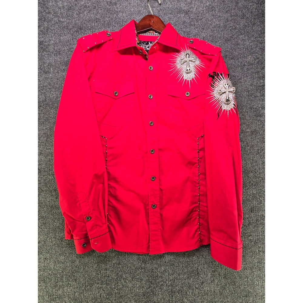 Eight-Ball Clothing Mens Red Gothic Cross Tribal Studded Paisley Button Down L